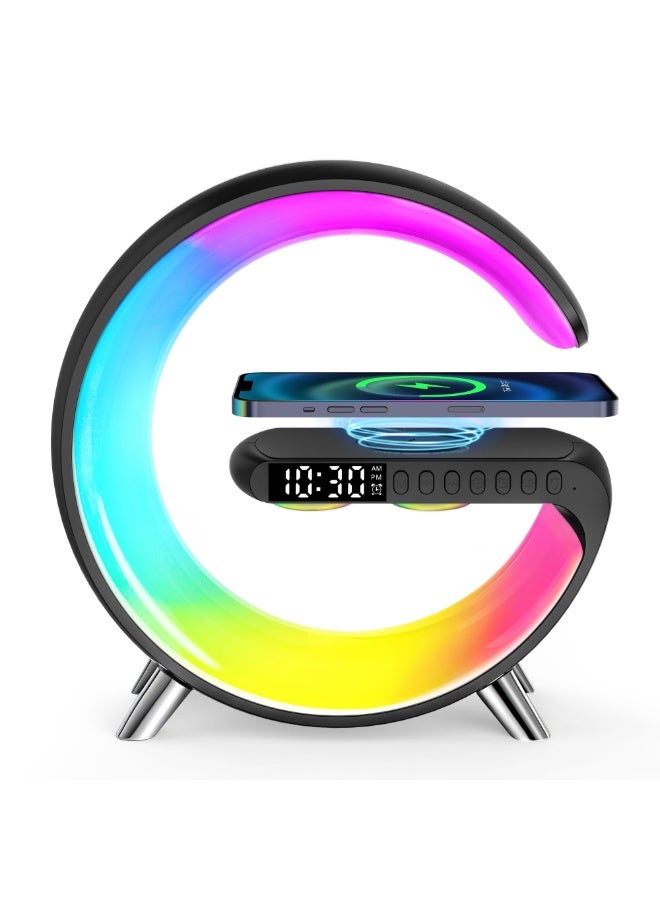 مصباح أجواء RGB على شكل حرف G متعدد الوظائف 4 في 1 مع شاحن لاسلكي سريع 15 واط - ساعة منبه ذكية مع إضاءة شروق الشمس - مكبر صوت بلوتوث محمول مع راديو FM - إضاءة ليلية قابلة للتعتيم يتم التحكم بها عبر تطبيق، مثالية لغرفة النوم والمنزل والمكتب - Image 2